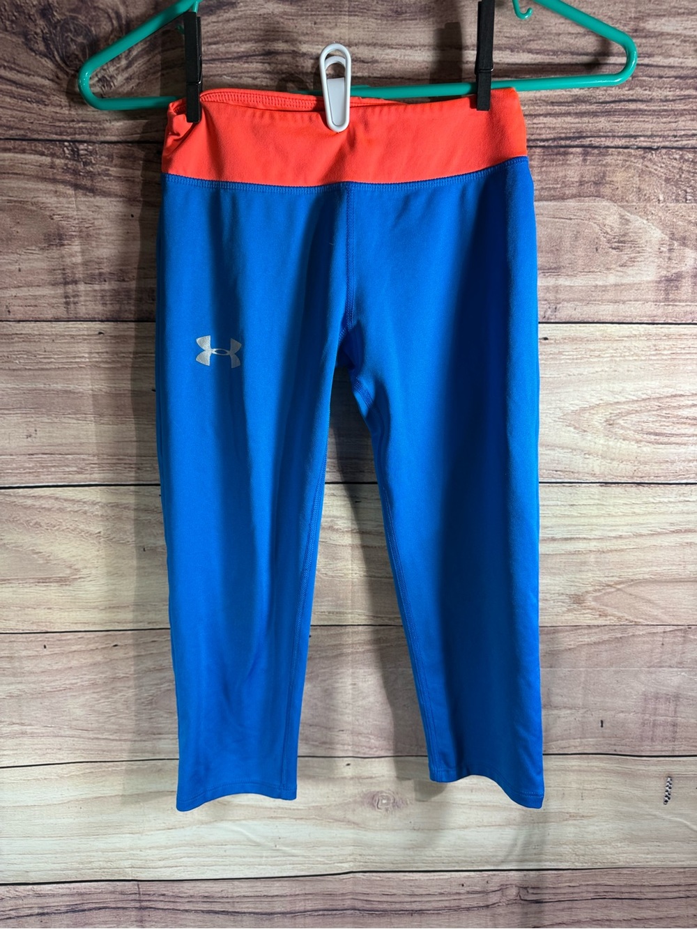 Under Armour Girls Bright Blue Leggings with Orange Waistband